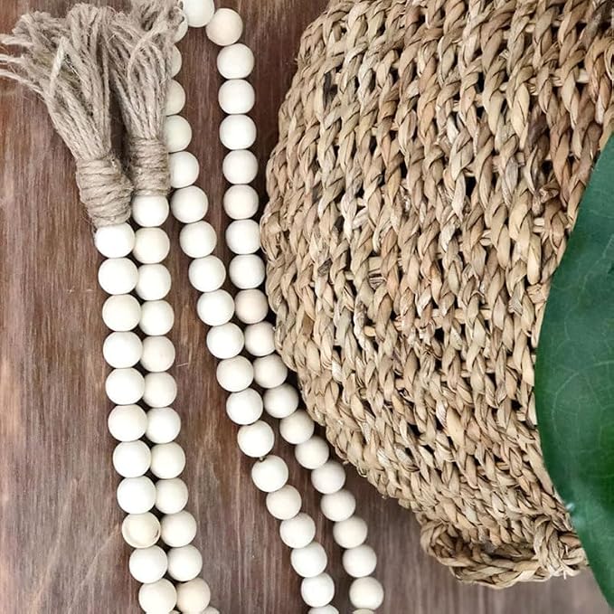 Vosarea Wood Bead Garland Rustic Farmhouse Beads with Tassel Home Wall Hanging Prayer Beads Decor Beads Wooden
