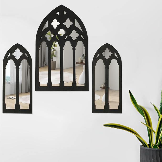 3 Pcs Arched Window Wall Mirror Set, Gothic Wall Mirror Decor, Cathedral Arched Mirror Decor, Self-Adhesive Arched Wall Mirror for Living Room Bedroom Bathroom Vanity Entryway(31-C Model)