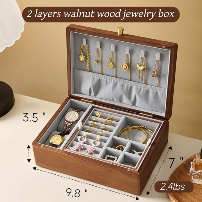 Bescott 2 Layer Solid Black Walnut Wooden Jewelry Box for Women Wood Vintage Organizer for Men Earrings Rings Necklaces Bracelet Watch Storage