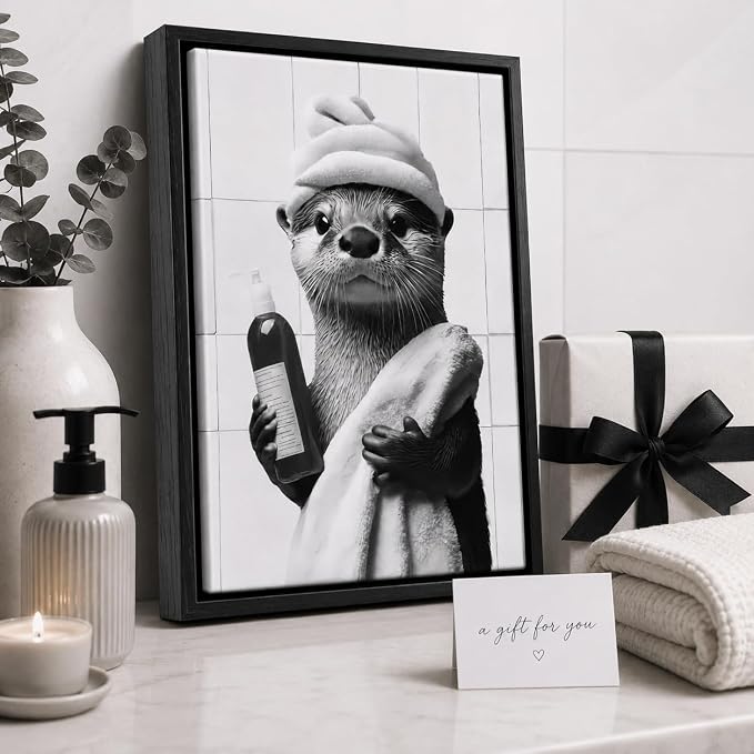 Framed Funny Bathroom Otter Canvas Wall Art Cute Otter Painting Picture Wall Decor Black and White Bathroom Animal Poster Print Artwork for Toilet Restroom Home Decoration 8x10in
