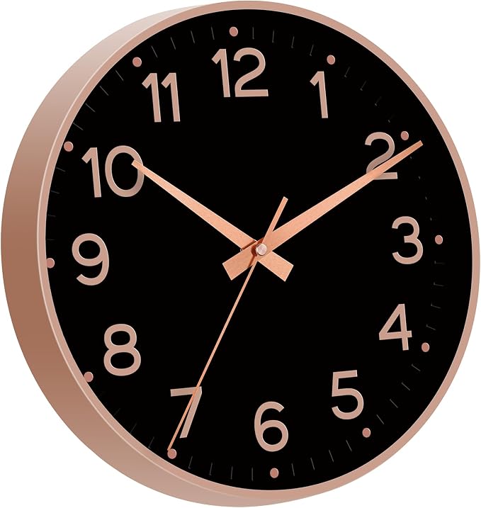 Roymnie 8 Inch Wall Clock, Battery Operated Silent Non Ticking Analog | Black Rose Gold modern analog; large 3D easy-read dial for kitchen, office, bathroom & bedroom; 1 AA battery (not included)