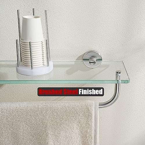 JQK Bathroom Glass Shelf, Shelf with 29 Inch Towel Bar Tempered Glass Shower Storage 30 by 5 inches, 304 Stainless Steel Brushed Finish Wall Mount, TGS100L30-BN