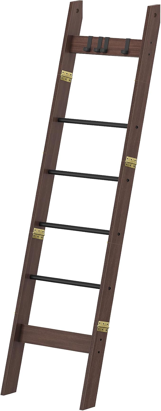 Hzuaneri Blanket Ladder Decorative Quilt Rack with 4 Removable Hooks | 6-Tier Farmhouse Ladder Holder Shelf Organizer for Living Room Bedroom, Black Tea Brown and Black BR31520B