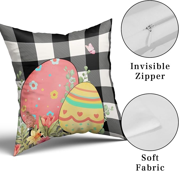 Giwawa Easter Pillow Covers 16x16 Inch, Easter Bunny Eggs Throw Pillowcases with Black White Buffalo Plaids, Cute Rabbit Spring Flower Cotton Cushion Cover for Sofa Couch Bedding Decor, Set of 2