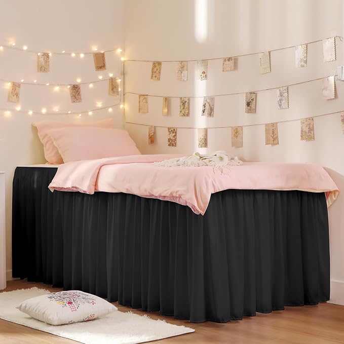 Dorm Bed Skirt Twin XL 25" Drop, College Dorm Room Essentials, Black | Solid ruffled, Wrap-around/elastic, Wrinkle & Fade resistant, with Adhesive Strips, Gift Packed, Machine Wash/Tumble Dry/Iron