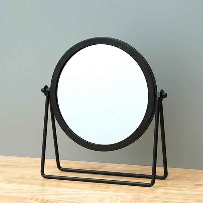 Iron Tabletop Makeup Mirror, Round Swivel Desktop Stand Mirror, 360°Rotation One-Sided Dressing Table Mirror (Black)