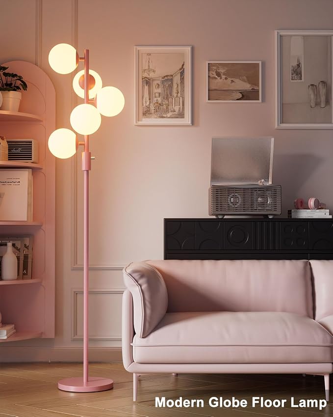 64IN Dimmable Pink Floor Lamp, Tall Standing Lamps with 5 Globe Soft Warm White Eye Care 3000K G9 Bulbs, Mid Century Modern Floor Lamp with 5Lbs Heavy Base for Living Room Bedroom Office