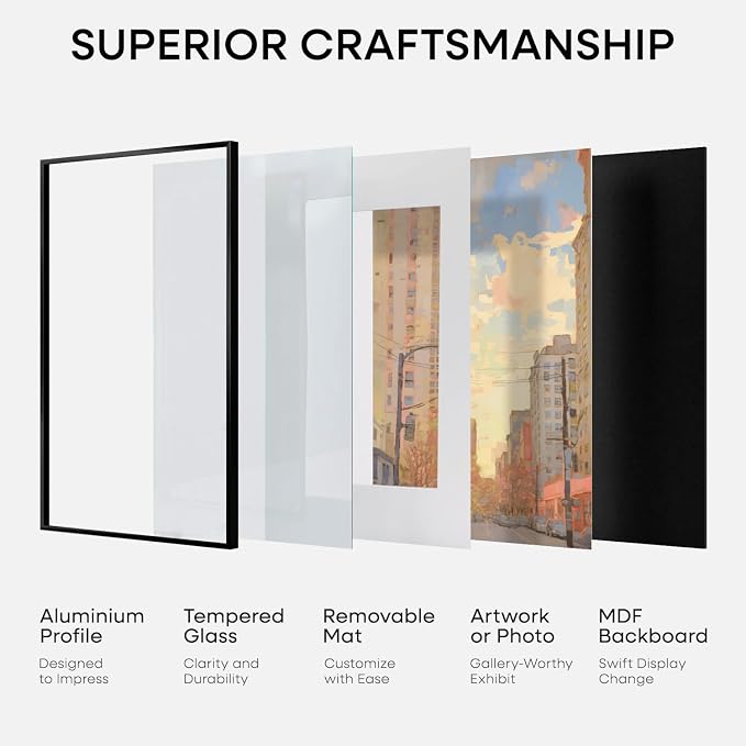 Homeforia 22x28 Black Poster Frame, High-End Metal, 18x24 Mat, Glass