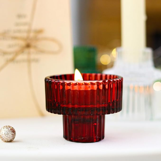 Christmas Class Candlestick Holders 6PCS Red Green Ribbed Taper Candlestick Holders for Tealight Candles Christmas Table Centerpieces Indoor Decoration