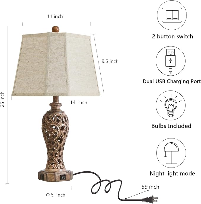 25'' Set of 2 Rustic Table Lamps for Living Room with USB C+A