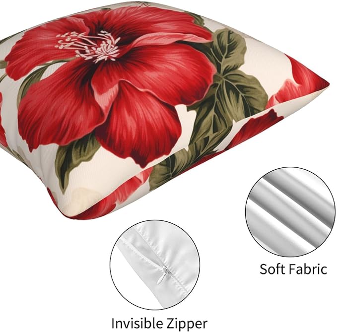 Red Floral Throw Pillow Covers 18x18 inch Set of 4 Hibiscus Flowers Chinoiserie Pillow Cases Spring Decorative Cushion Covers for Sofa Couch Bed