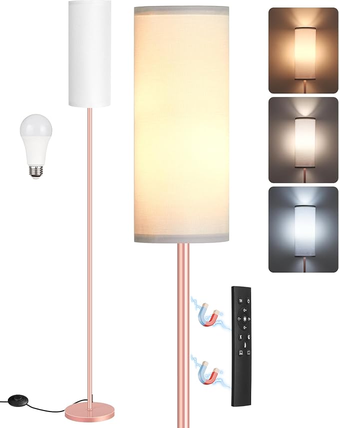 Slim Floor Lamp for Living Room with Magnetic Remote and Foot Switch, Dimmable Mood Lamp for Bedroom Nursery, 3 Color Temperatures, 1-Hour Timer, 900LM LED Bulb & Batteries Included, Pink PCW06LD05W1