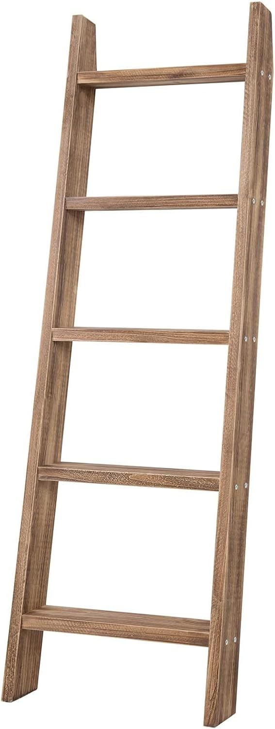 MyGift 4ft Tall Rustic Burnt Natural Wood Wall Leaning Blanket Ladder Shelf with 5 Rungs, Decorative Living Room Throw and Quilt Holder, Farmhouse Bedroom Decor | Five Tier Design, Space Saving Display, Living Room Cozy Home Accent, Decorative Organiza...