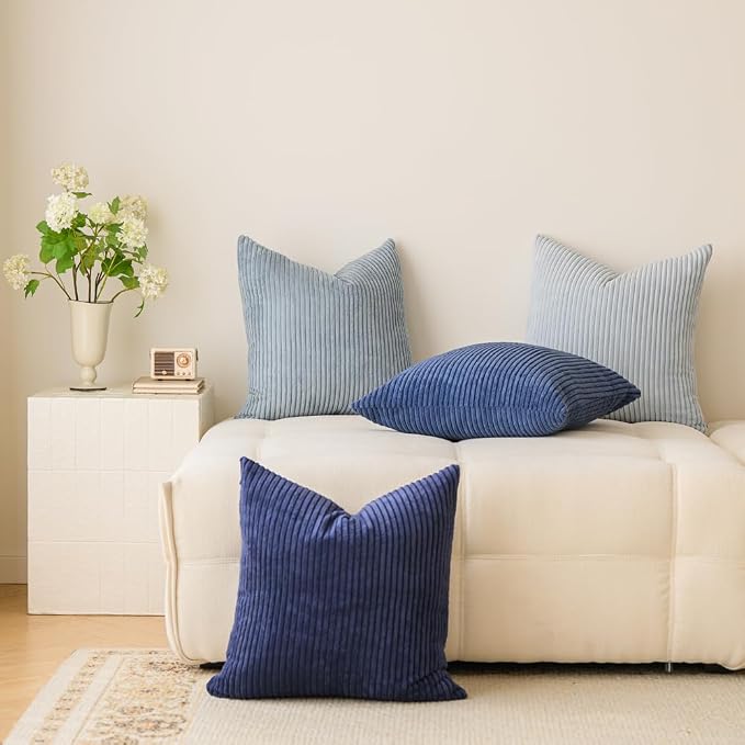 LANANAS Decorative Corduroy Throw Pillow Covers 20x20 Inch Blue Ocean | Set of 4 Neutral Couch Farmhouse Boho Throw Pillows for Living Room, Couch, Bed, Sofa Soft Accent Home Decor