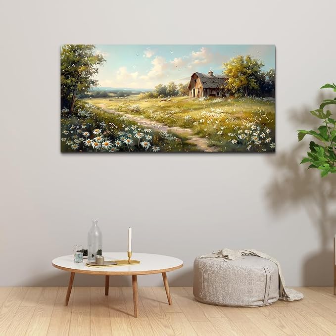KELIYUAN Large Wall Art For Living Room Canvas Wall Decor For Bedroom Office Wall Decoration Vintage Country Field Landscape Painting Framed Pictures Artwork Room Mural Aesthetic Home Decor 30"x60"