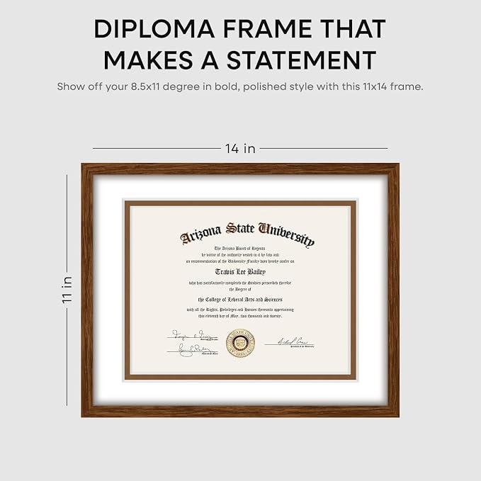 Homeforia 11x14 Brown Oak Diploma Frame, High-End Wood, 8.5x11 Mat, Glass