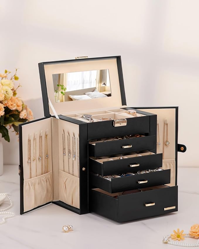 Homde Large Jewelry Box for Women: 5-Layer Organizer with Lock for Dresser | Separated Storage for Necklace Earring Ring Watch to Sort Daily Jewelry - Keep Vanities Tidy - Suitable for Birthday Gift