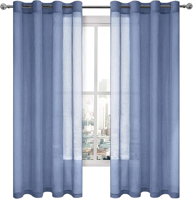DWCN Sheer Curtains for Living Room Bedroom - Faux Linen Look Voile Drapes Grommet Top Window Curtain Panel 52 x 63 Inches Long, Dusty Blue, Set of 2 Panels