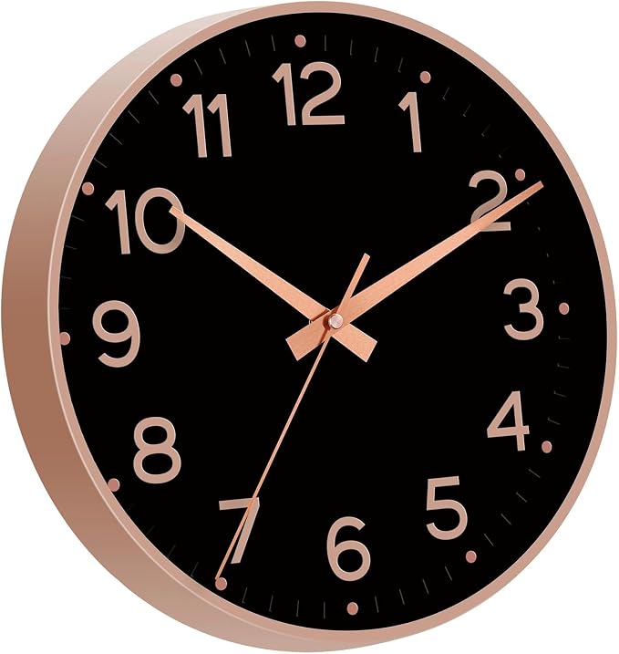 Roymnie 12 Inch Wall Clock Battery Operated Silent Non Ticking Analog | Black Rose Gold modern analog; large 3D easy-read dial for kitchen, office, bathroom & bedroom; 1 AA battery (not included)