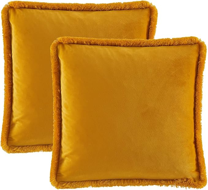 JUSPURBET Pack of 2 Gold Decorative Fringe Velvet Throw Pillow Covers 16x16 for Home Decor Living Room Bedroom Car Boho Soft Cushion Cover with Hidden Zipper Machine Washable