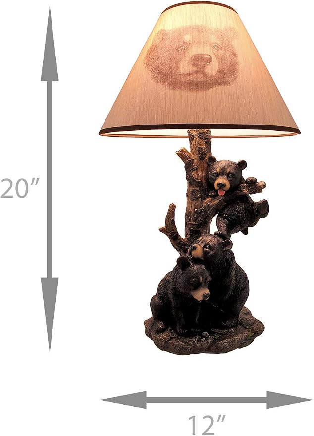 Zeckos Black Bear Family Table Lamp W/Tree Bark Print Shade Western Décor