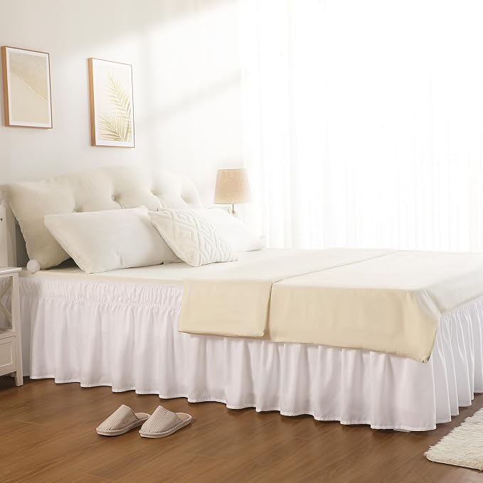 White Bed Skirt Queen Size 21 Inch Drop, Elastic Wrap Around Bedskirt | Solid ruffled, Wrap-around/elastic, Wrinkle & Fade resistant, with Adhesive Strips, Gift Packed, Machine Wash/Tumble Dry/Iron