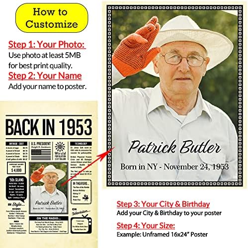 Personalized 72 year old birthday gifts - Back in 1953 Poster - Centerpiece Table Decorations 72nd Birthday Party - Custom Born in 1953 Newspaper Vintage Poster for Men, Women