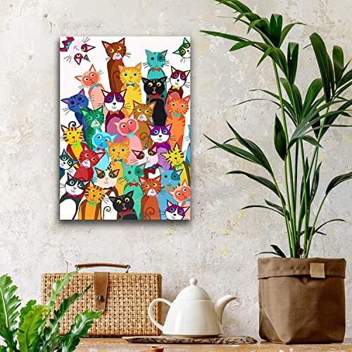 Riveda Funny Colorful Cat Bathroom Wall Art Cute Cartoon Kitty Canvas Print | Framed Cat Poster Palyful Animal Picture Wall Decor for Bathroom Kids Bedroom Nursery Playroom 16x24 Inches