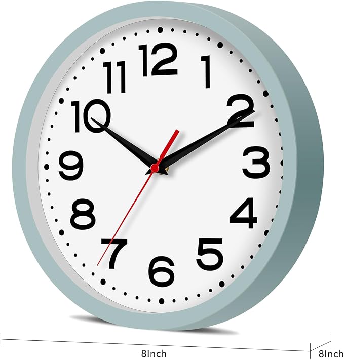 Roymnie 8 Inch Small Wall Clock, Battery Operated Silent Non Ticking | Blue Gray analog wall clock; bold numerals for easy reading; silent non-ticking; 1 AA battery (not included); for classroom