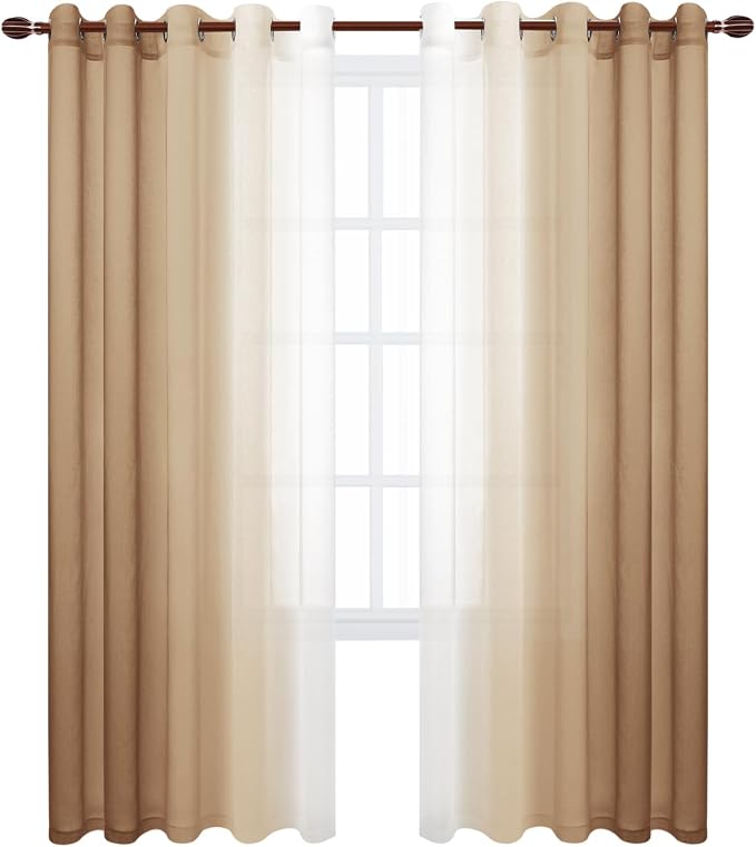 DWCN Ombre Faux Linen Sheer Curtains - Extra Wide Gradient Semi Voile Light Filtering Grommet Top Bedroom and Living Room Curtains, 60 x 84 Inches Long, Set of 2 Window Curtain Panels, Taupe