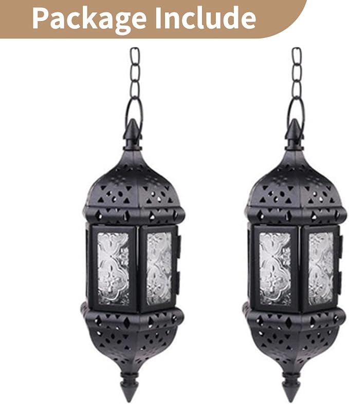 2 Pcs Hanging Candle Lantern Moroccan Chandelier Retro Candle Holder Moroccan Vintage Metal Hollow Wedding Hanging Candle Holders Lantern Contain 35cm Chain, Black