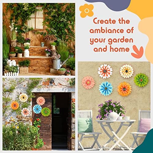 Zhehao 6 Pcs Metal Flower Wall Art Decor 8 Inch Sunflower Wall Decorations Hanging Outdoor Art Multicolored Handmade Metal Flowers Outdoor Decor(Elegant Color)