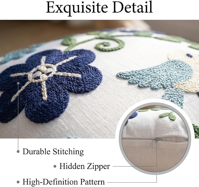 YIcabinet Pack of 2 Throw Pillow Covers, Embroidered Bird Flowers Pattern Throw Pillow Cover,Square Cotton Cushion,Pillow Case for Sofa Bedroom Couch,18"x18"