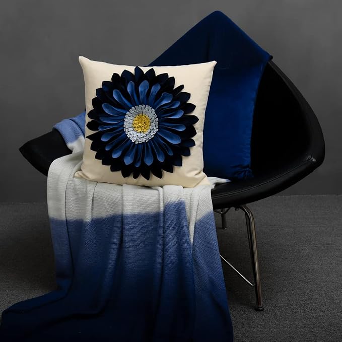 OiseauVoler 3D Sunflower Handmade Throw Pillow Covers 18x18 Inch Navy Blue | decorative floral pillowcases pillow sham for couch living room home bed decor dog hair resistant
