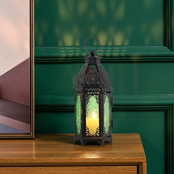 Christmas Decorations for Home, 11’’ Medium Size Vintage Metal Hanging&Tabletop Candle Holder Decor, Halloween Ramadan Decorations for Indoor Outdoor Porch Patio (Green)