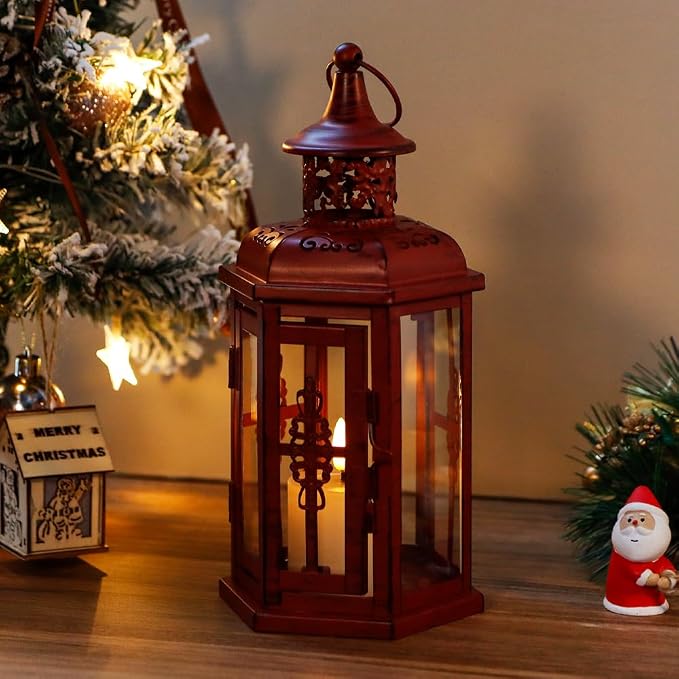 JHY DESIGN Decorative Candle Lantern 10“H Vintage Hanging Lantern Metal Candleholder for Indoor Outdoor Events Parities and Weddings (Red with Black Brush)