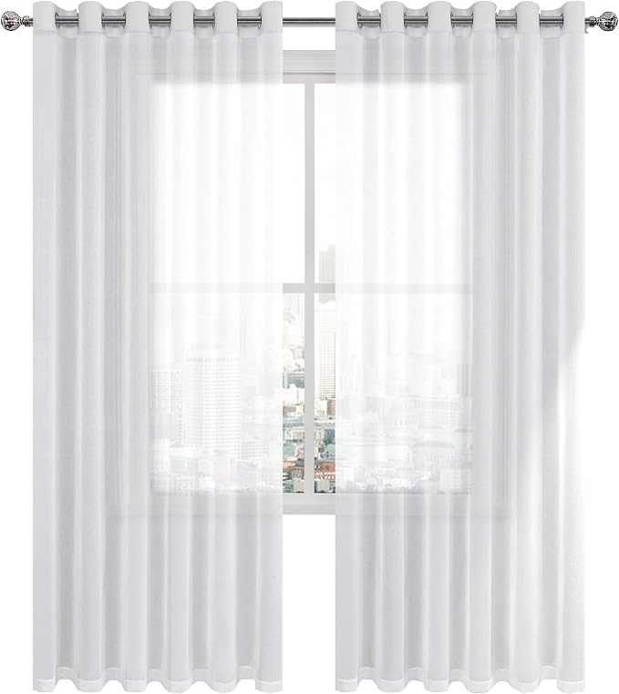 DWCN White Faux Linen Sheer Curtains - Grommet Top Voile Look Window Drapes 84 Inches Long, Solid Semi Sheer Curtains for Bedroom Living Room 70 x 84 inch Length, Set of 2 Panels