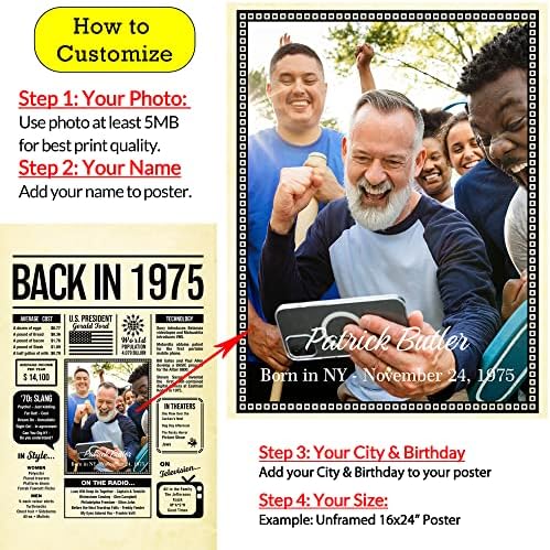 Personalized 50 year old birthday gifts - Back in 1975 Poster - Centerpiece Table Decorations 50th Birthday Party - Custom Born in 1975 Newspaper Vintage Poster for Men, Women