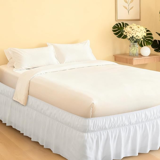 Twin Bed Skirt with Elastic Strap, Wrap Around Dust Ruffle with 16" Drop | Easy to Install on Bed Bases & Frames, Wrinkle-free, Machine Washable, Hotel Quality, White
