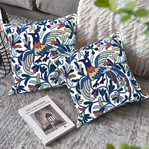 Alysheer Floral Embroidered Throw Pillow Cover 18"x 18" Set of 2, Blue Bird