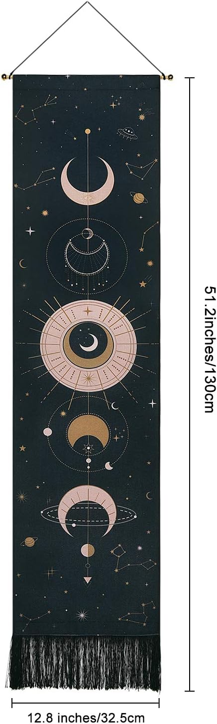 Moon Phase Wall Hanging Art - Bohemian Tapestry for Room (Black, 12.8 x 51.2 inches)