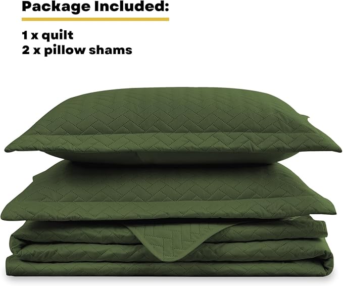 Maple&Stone Olive Green Quilt Set Queen Size, Lightweight Bedspread | Breathable Coverlet with Chevron Pattern, All-Season Dorm Bed Cover Set Bedding Decor 3 Piece