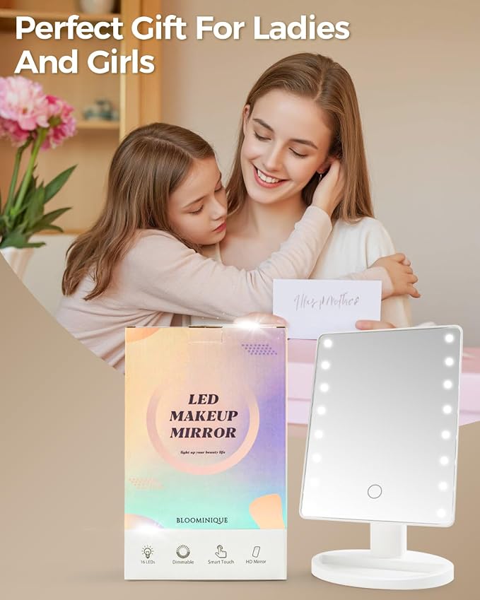 Lighted Makeup Mirror with Lights, Vanity Mirror with Lights, 16 LEDS Dimmable Desk Mirror with Light, Dual Power Supply, Gifts for Teenage Girls, Beauty Makeup Mirror, Dorm Room Essentials for Girls