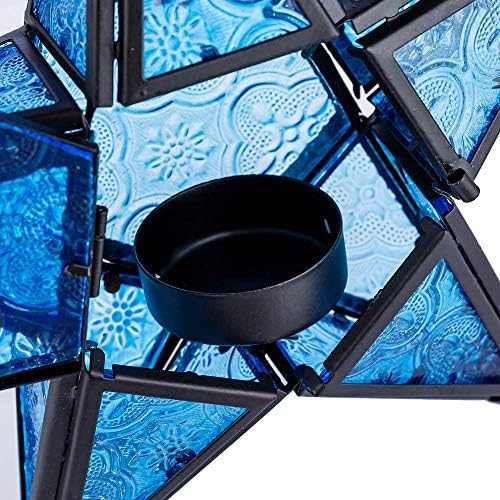 Stunning Star Glass Votive Tea Light Candle Holder Hanging Lighting Lantern Wedding Birthday Party Home Garden Decoration (Blue)
