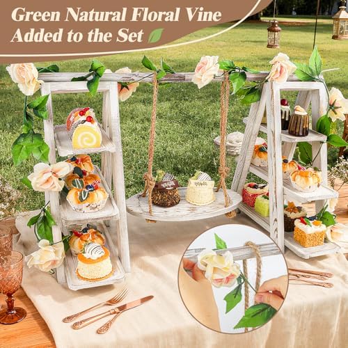Wisreach Wooden 3 Tier Cupcake Stand with Swing and Flower Decoration Serving Removable Tray Display Serving Ladder Foldable Stand with Serving Platter Tray Party Food Display Set for Cake Snack Fruit Chips Bread Centerpieces Catering