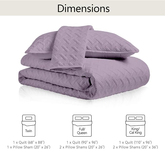 FLYMME Quilts King Size,Lightweight Grayish Purple Bedspreads,Basket Weave Pattern,Ultra Soft Microfiber Bed Coverlet 3 Pieces for All-Seasons (1 Quilt,2 Pillow Shams)