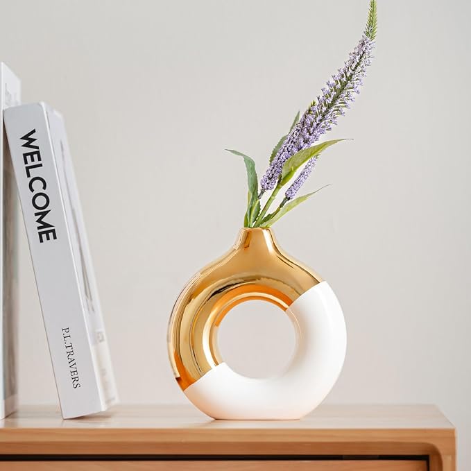 White and Gold Donut Vase, Modern Ceramic Vase for Pampas Grass, Perfect Centerpiece for Weddings, Living Room, and Office Decor (White Gold, L)