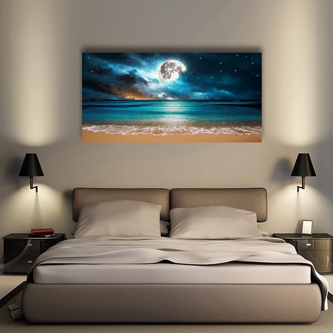 Beach Themed Wall Art Canvas Prints Seascape Picture Bathroom Décor Moon Ocean Landscape Paintings for Bedroom Dining Room Office Home Kitchen Decoration Natural Artwork 24x48 Wooden Frames