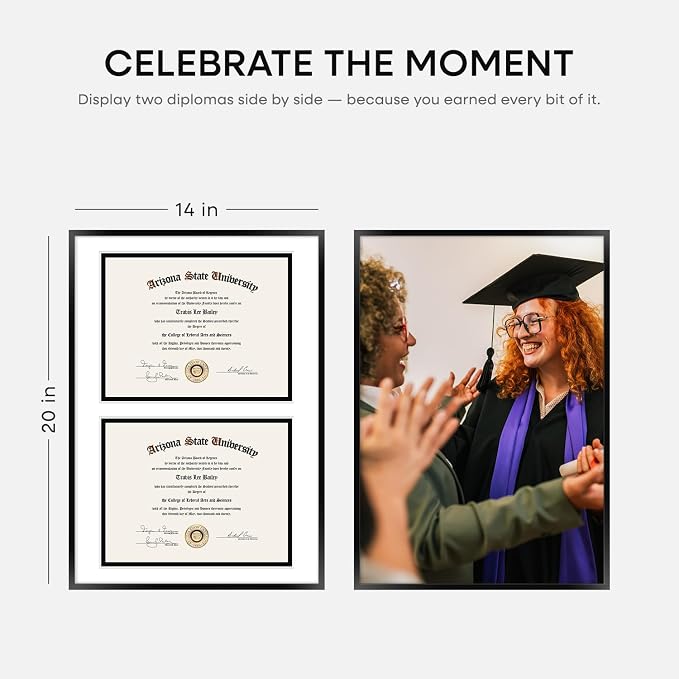 Homeforia 14x20 Black Diploma Frame, High-End Metal, 8.5x11 Mat, Glass