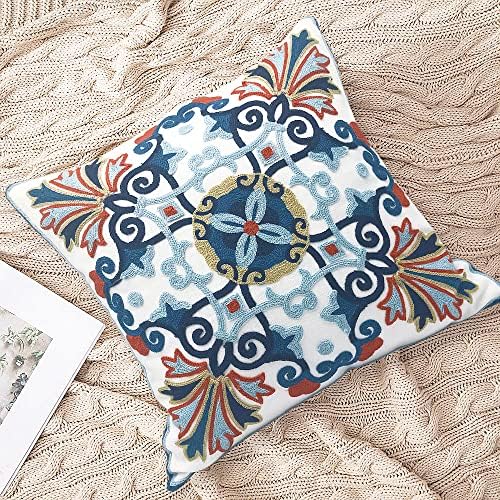 Alysheer Embroidered Decorative Throw Pillow Cover 18 x 18 inch, Boho Vintage Farmhouse Cottage Floral Embroidery Knit Pattern, 100% Cotton Cushion Case for Sofa Couch Living Room (Navy Blue)